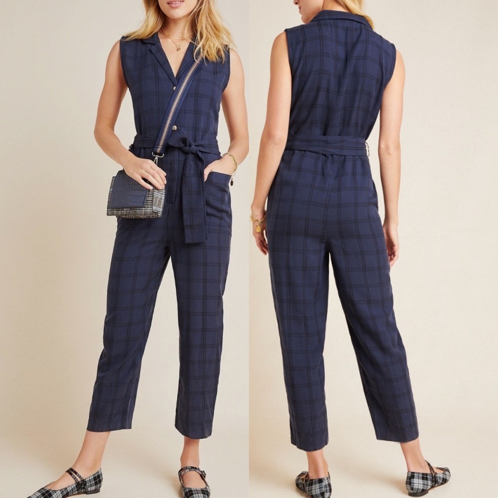 Anthropologie Brielle Blue Black Plaid Wide Leg Jumpsuit Womens Sz Large Belted